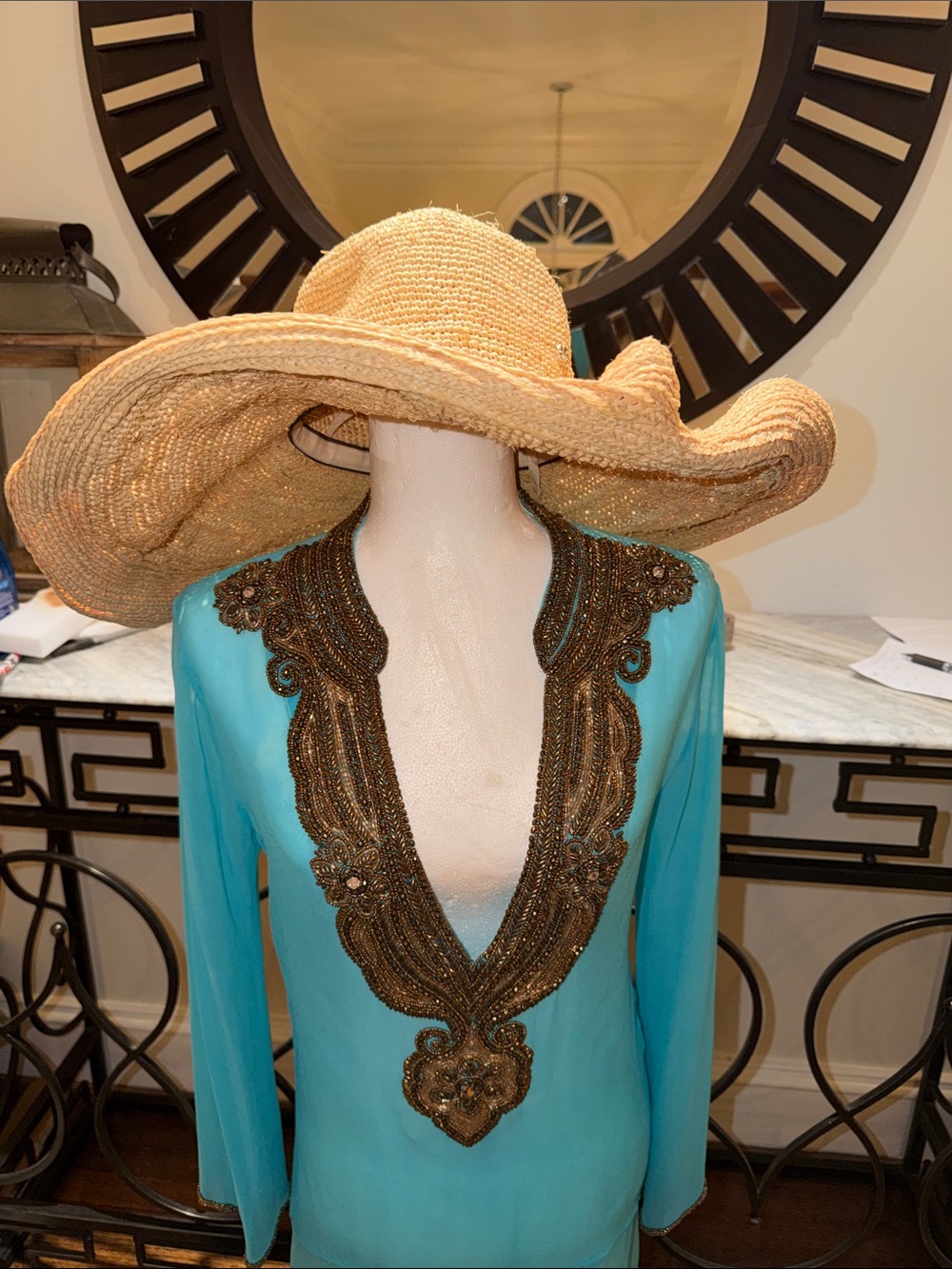Turquoise Beaded V-Neck Swim Coverup
